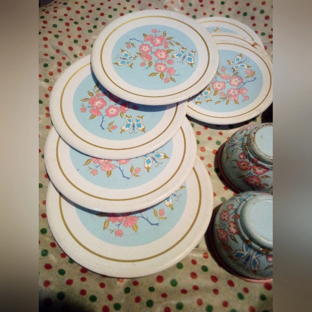 Vintage Metal Toy Dishes Dollhouse Pink Flower Butterfly